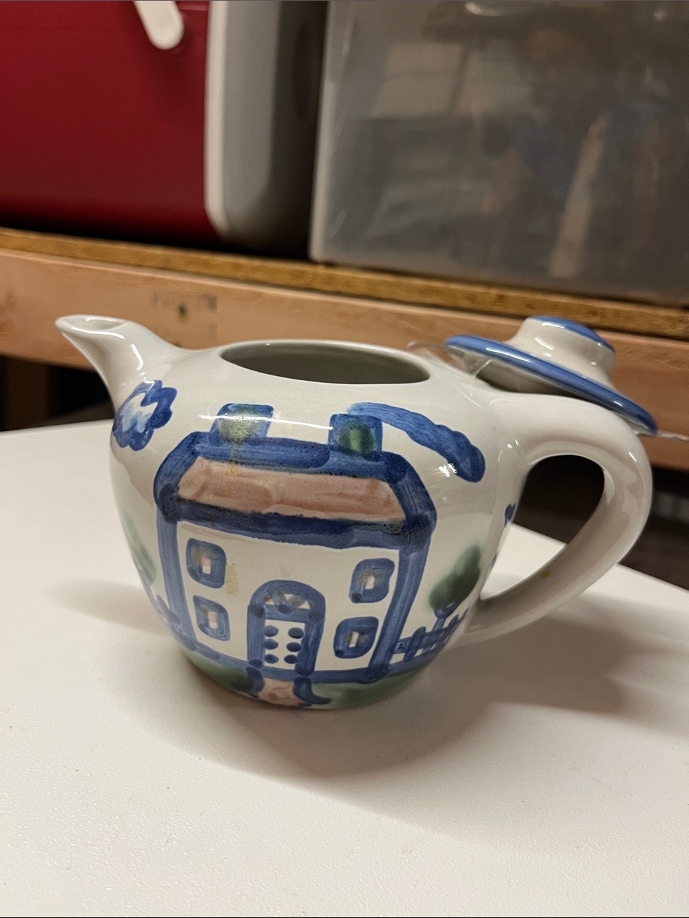 MA Hadley White Ceramic Teapot with Blue and Green Hand-Painted House